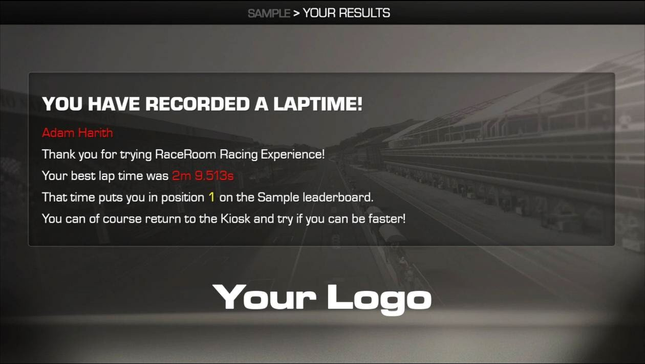 RaceRoom EVO branded results screen showing lap time and leaderboard position